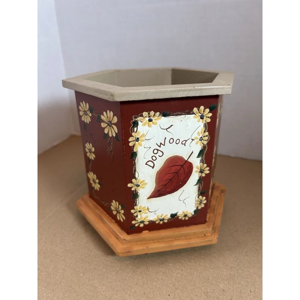 Kathy Hatch Wood Utensil Holder Planter Fall Leaves Rustic Kitchen Decor